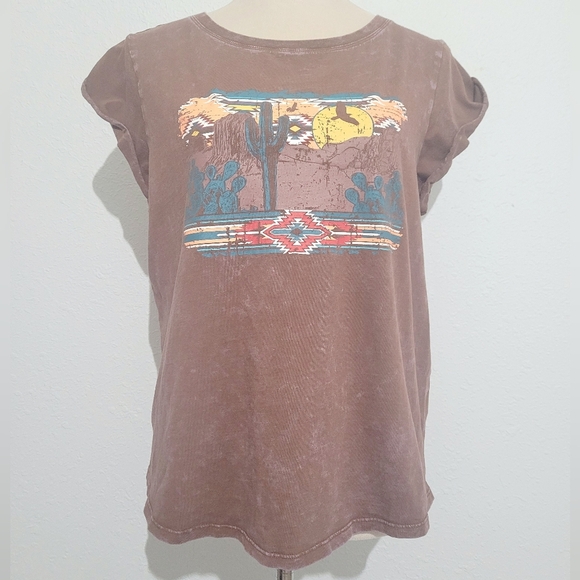 Rock & Roll Denim Short Sleeve Aztec 100% Cotton T-Shirt Brown Woman's Large - Picture 1 of 10